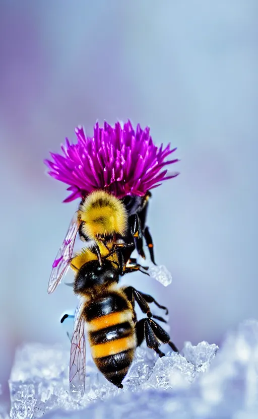 Image similar to a bee finding a beautiful flower, both entrapped in ice, only snow in the background, beautiful macro photography, ambient light