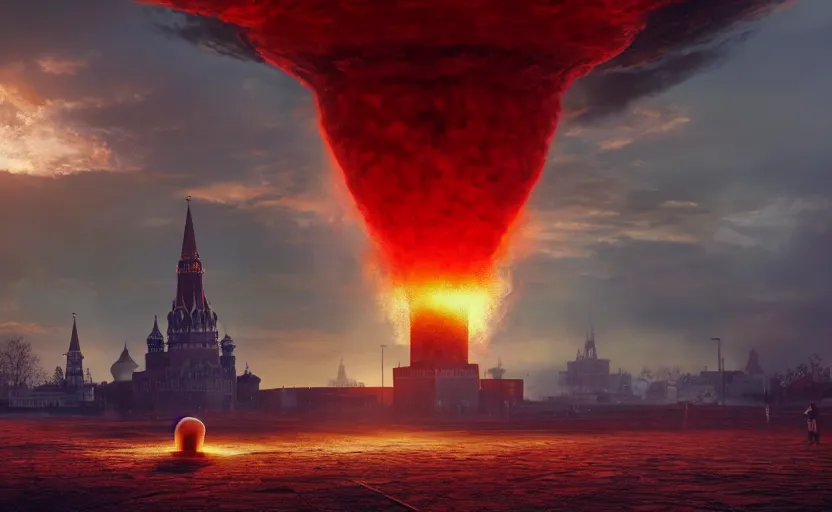 Image similar to ultra realistic picture of a big nuclear explosion with realistic nuclear mushroom in Red Square Kremlin, dramatic lighting, cinematic, extremely high detail, photo realistic, cinematic lighting, post processed, concept art, artstation, matte painting, unreal engine 8k