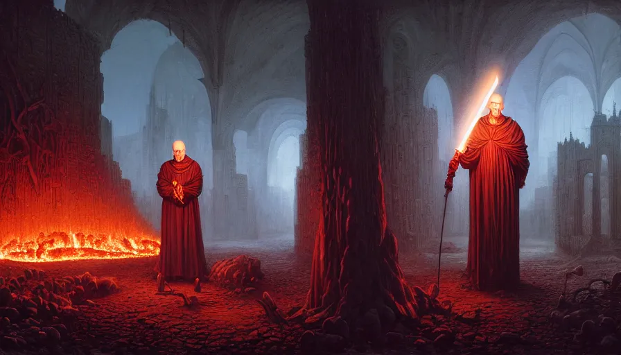 Prompt: a grand inquisitor with a torch behind which is a burning village,, fine details, blood, digital art, volumetric lighting, cinematic light, photorealistic, by dan mumford and zdzisław beksinski, by giger, by caravaggio, 4 k,