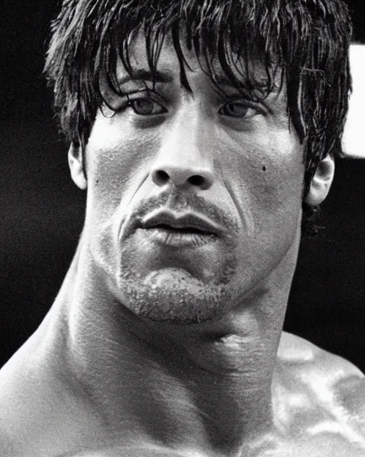 Image similar to Film still close-up shot of Dwayne Johnson as Rocky Balboa from the movie Rocky. Photographic, photography