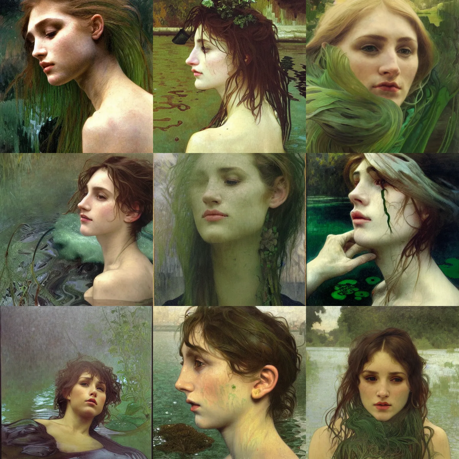 Prompt: hyperrealist portrait in a river, close up half body face, dark green water, algae, green wet hair by alphonse mucha and lucian freud and bouguereau, foggy twilight lighting, very detailed faces