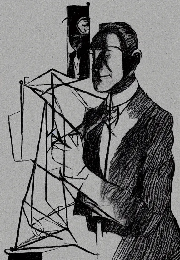 Image similar to a concept drawing of marcel duchamp holding up a chess - piece wire - machine, a surrealist painting by marcel duchamp, complex artificial - intelligence machinery, minimal sketch flow - chart, academic art, 1 9 2 0 s