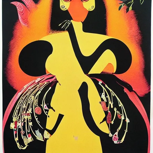 Prompt: a vintage poster of 70s movie titled Vulvine, about a queen and jewels and Death, by Saul bass, by Georgia o keeffe, vibrant