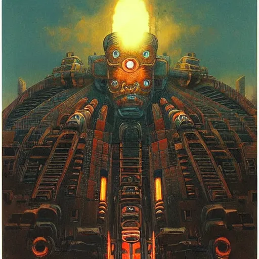 Prompt: giant mayan mecha with flaming eyes standing over city, perfectly clear face, by j. c. leyendecker and beksinski