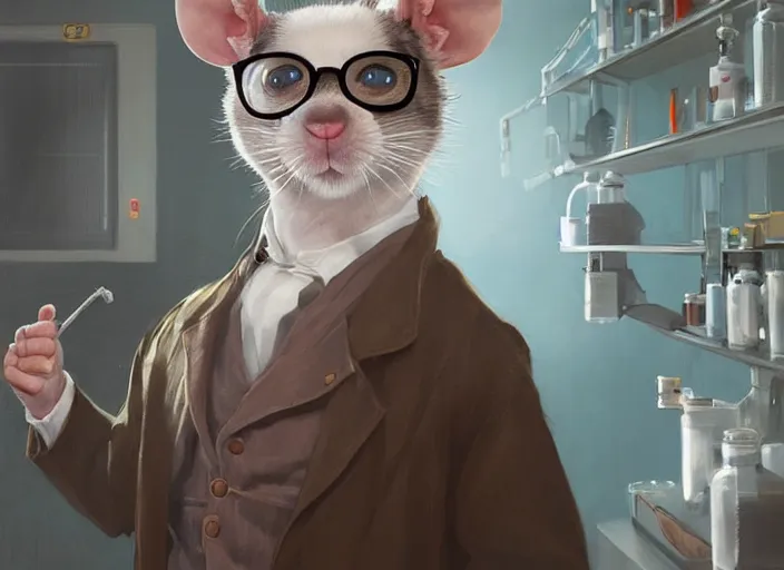 Image similar to portrait of a cute pet rat dressed as an english professor, standing in a chemistry lab, digital art, artstation, fantasy, cinematic, fine details by realistic shaded lighting poster by ilya kuvshinov katsuhiro otomo, magali villeneuve, artgerm, jeremy lipkin and michael garmash and rob rey