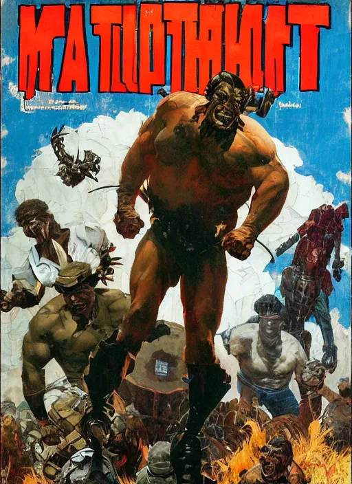 Image similar to full body and head portrait of huge mutant Paul Dillett in tattered costume, dynamic action, painted by norman rockwell and phil hale and greg staples and tom lovell and frank schoonover and jack kirby