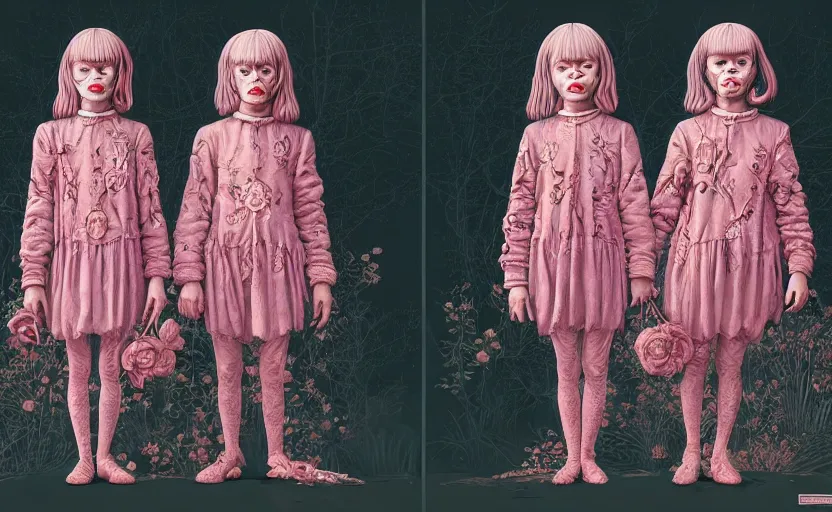 Image similar to creepy twins in victoria clothes:: by Martine Johanna and Simon Stålenhag and Chie Yoshii and Casey Weldon and Guillermo del toro :: ornate, dynamic, particulate, intricate, elegant, highly detailed, centered, artstation, smooth, sharp focus, octane render, 3d