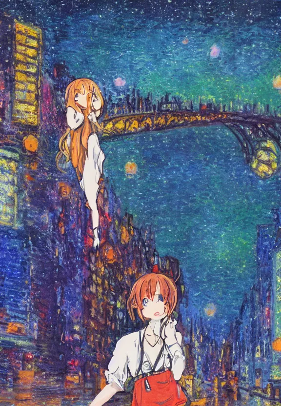 Image similar to wide angle anime portrait of a teenage girl, a thrifty outfit, very anime in impressionist style, city street view background, starlit night sky, trending artwork, anime painter studio, by claude monet