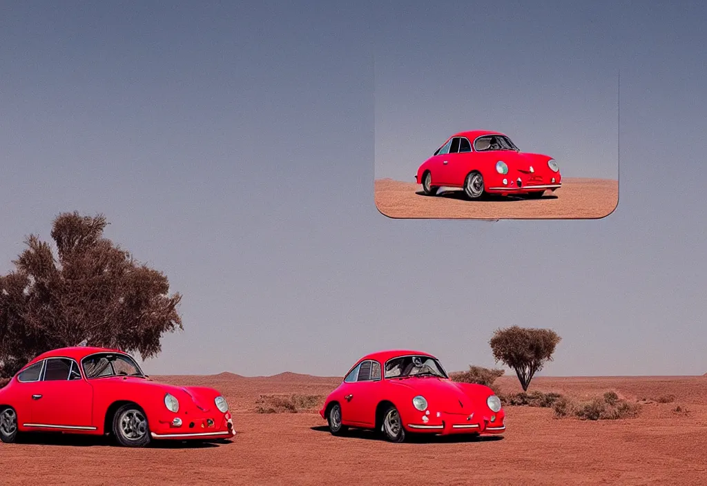 Image similar to “a red porsche 356 is parked in the middle of the desert, a matte painting by Scarlett Hooft Graafland, featured on unsplash, australian tonalism, anamorphic lens flare, cinematic lighting, rendered in unreal engine”