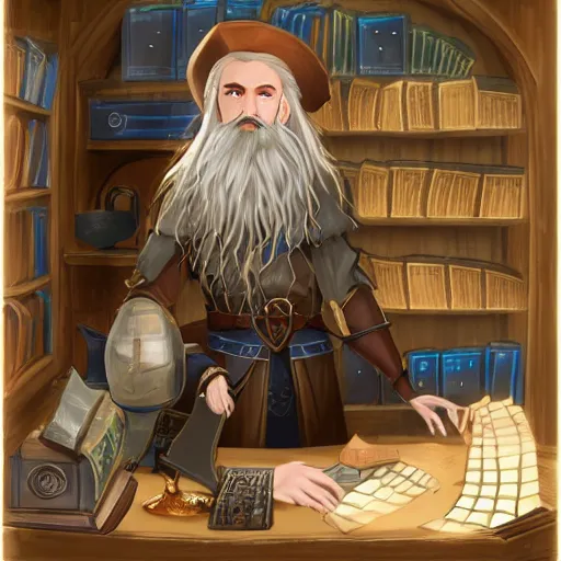 Image similar to A blond bearded D&D wizard in a wide brimmed hat using magical computer equipment at a desk cluttered with tomes, Pathfinder D&D character portrait