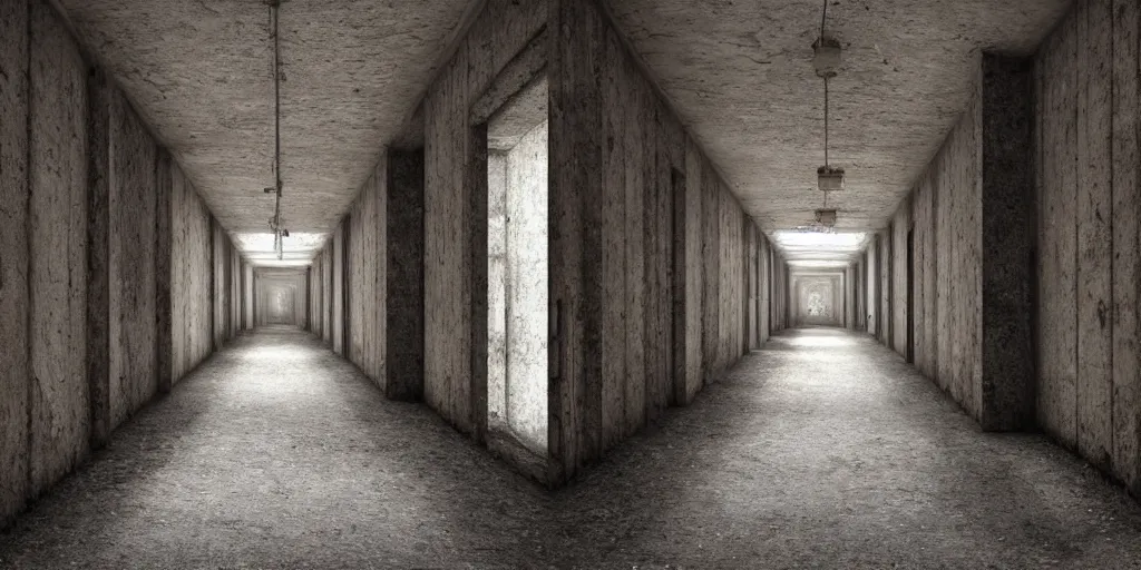 Prompt: a long dark decrepit asylum hallway, one point perspective, vanishing point, symmetrical composition, by lee madgwick, photorealistic, v - ray render 8 k uhd