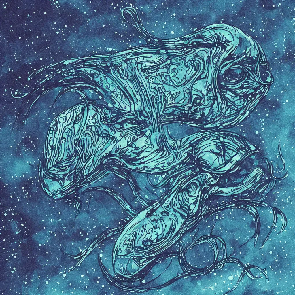 Image similar to Deep Sea Alien Fish Swimming through ink reflecting the night sky