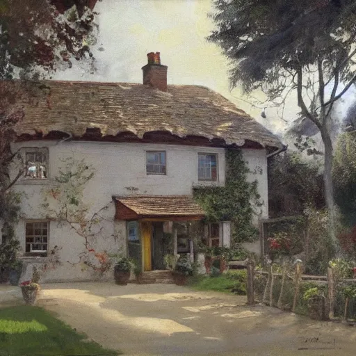 Image similar to Alex Ross and Sergio Bleda and Jérémy Petiqueux and Alex Maleev artwork of a 19th century english cottage