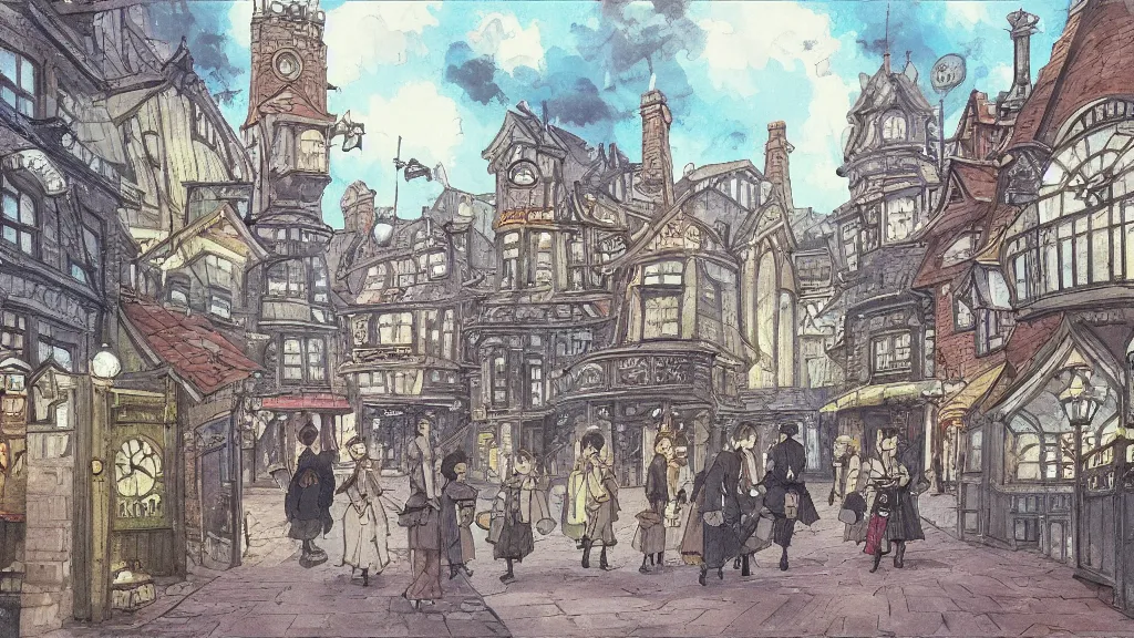 Prompt: victorian london, anime background, interior, gouache, hand painted, in the style of kazuo oga, studio ghibli