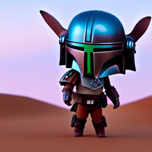 Image similar to mandalorian as nendoroid walking in a desert with two moons in the croods movie style, muted colours, anime, disney, pixar, 8 k, hd, dof, kodak film, volumetric lighting, subsurface scattering, photorealistic, octane render, details