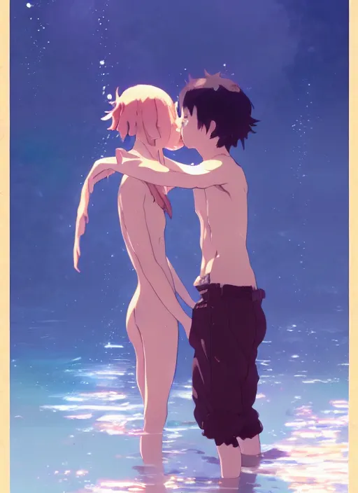 Image similar to boy and girl kiss underwater. illustration concept art anime key visual trending pixiv fanbox by wlop and greg rutkowski and makoto shinkai and studio ghibli