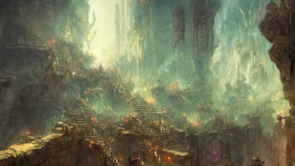 Image similar to the steps of a a crumbling stone temple in the middle of a bustling city, huge crowd on the street, fantasy, marc simonetti, anato finnstark, randy vargas, diego gisbert llorens, bayard wu, fantasy concept art, trending on artstation, 4k,