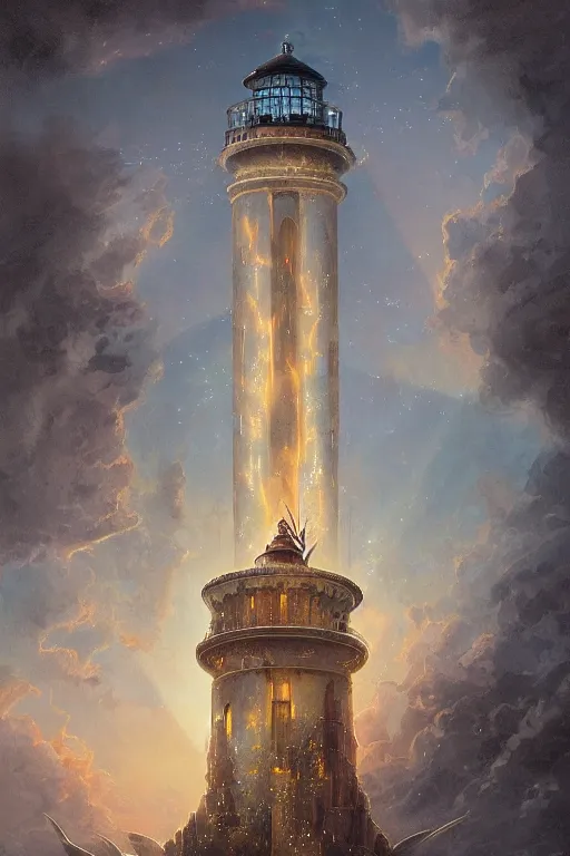 Prompt: Detailed Exterior Shot of Angelic Lighthouse of Alexandria, light of sorrow, epic shafts, swarm of fireflies, dim atmosphere, in Style of Peter Mohrbacher, cinematic lighting