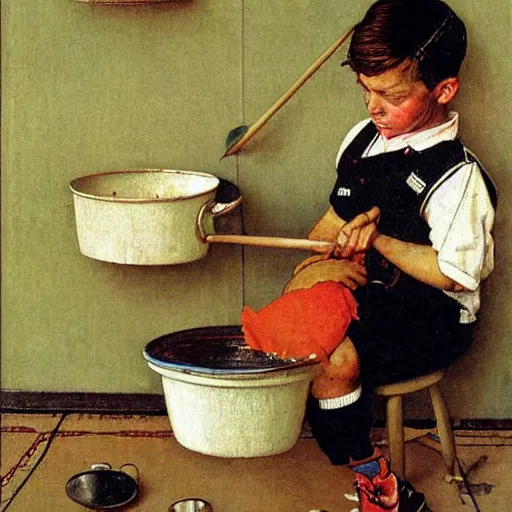 Image similar to A kid hitting pots, art by Norman Rockwell