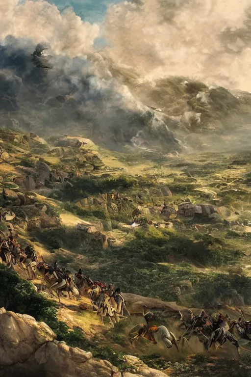 Prompt: An extremely beautiful wide view of a battlefield showing the Spanish empire overcoming the moors, re-conquest of Córdoba, Spanish flag, historical, regal, digital art painting, smooth, sharp focus, award winning picture, extremely detailed masterpiece, sense of awe, featured on Artstation, Artgerm, extremely detailed battlefield, hills background, atmospheric lightning, highly detailed illustration highlights, concept art, Exquisite matte painting, 8K detail post-processing