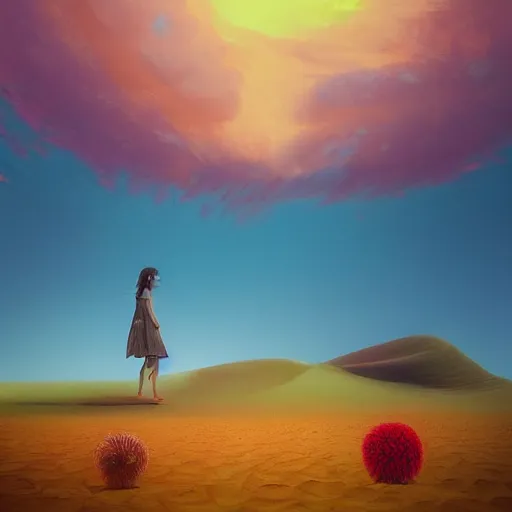 Image similar to portrait, giant dahlia flower head, girl walking between dunes, surreal photography, sunrise, blue sky, dramatic light, impressionist painting, digital painting, artstation, simon stalenhag