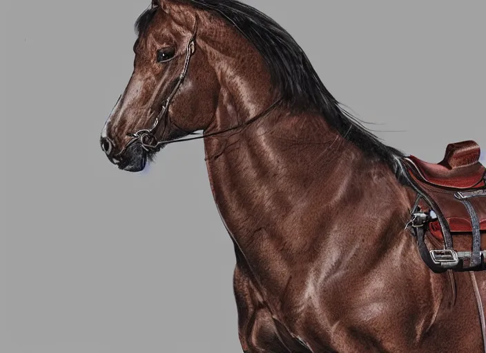 Image similar to concept art of algie skinned stallion, carrying a saddle bag, digital art, photo realistic, highly detailed