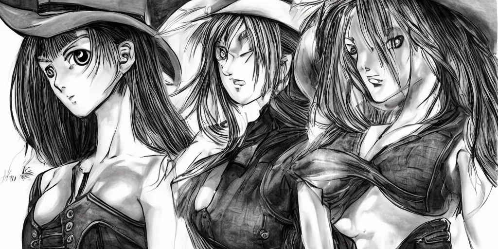 Image similar to portrait, complexity, global lighting, detail, ultra sharpness, beautiful female sheriff body from games yoshihiro togashi style, big eyes, plump lips, a gunshot, global lighting, western saloon theme, detailed faces, blank faces, style yoshihiro togashi style.