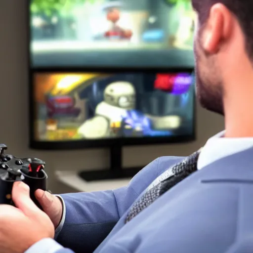 Image similar to a man in a business suit playing video games on his xbox 360 | the man is looking at the tv | Xbox 360 controller |