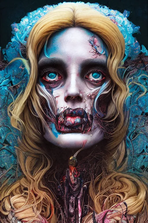 Image similar to dream portrait of the beautiful goddess death,full character, melting ,8k,by tristan eaton,Stanley Artgermm,Tom Bagshaw,Greg Rutkowski,Carne Griffiths, Ayami Kojima, Beksinski, Giger,trending on DeviantArt,face enhance,hyper detailed,minimalist,horror, android, full of colour