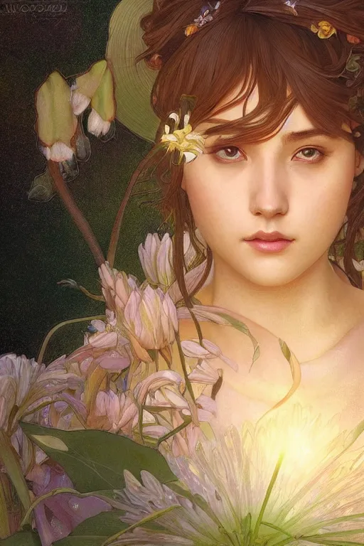 Image similar to close up portrait of goddes of waterlily, digital illustration, dramatic lighting, by artgerm and greg rutkowski and alphonse mucha