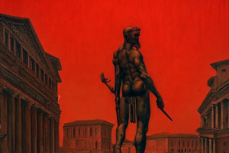 Image similar to only with red, caesar after war, a red tiger, in hoc signo vinces, rome in background, an ancient path, in the style of beksinski, part by hopper, part by rodcenko, part by hofbauer, intricate composition, red by caravaggio, insanely quality, highly detailed, masterpiece, red light, artstation