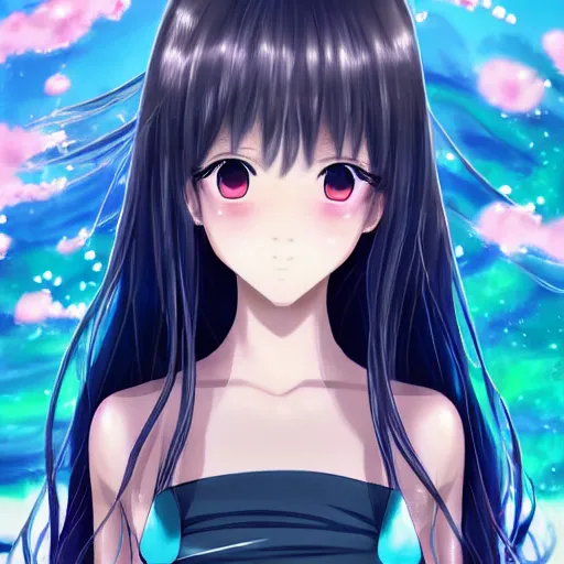 Image similar to advanced digital painting , a very cute anime girl wearing a dress made of water standing in a crystal lake turning into mist , full body, very long black hair, azure blue watery eyes, full round face, cinematic lighting, MCU, mid-shot, highly detailed, trending on artstation, Unreal Engine 4k, Artgerm , WLOP, Rossdraws, James Jean, Andrei Riabovitchev, Marc Simonetti, and Sakimichan