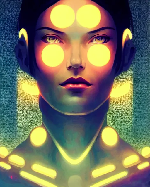 Image similar to symmetry!! centered head on, closeup portrait of a girl with thoughts floating around her, sci - fi -, cyberpunk, blade runner, glowing lights, tech, biotech, techwear!! intricate, elegant, highly detailed, digital painting, artstation, concept art, smooth, sharp focus, illustration, art by artgerm and greg rutkowski and alphonse mucha