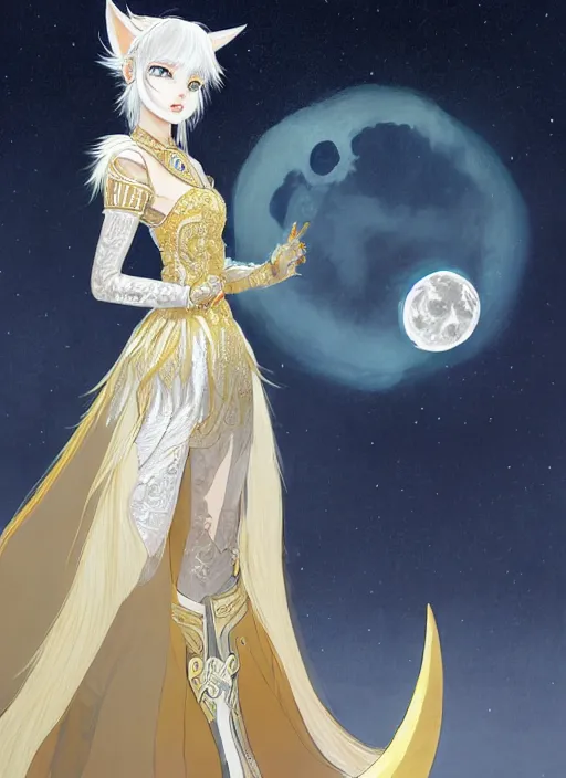 Image similar to commissioned full body portrait of a female anthro werewolf princess fursona with white hair wearing a white and gold Chinese armored dress in a white and gold palace on a starry night with a large crescent moon, by a professional manga illustrator, Stanley Artgerm Lau, WLOP, Rossdraws, James Jean, Andrei Riabovitchev, Marc Simonetti, and Sakimichan, trending on artstation