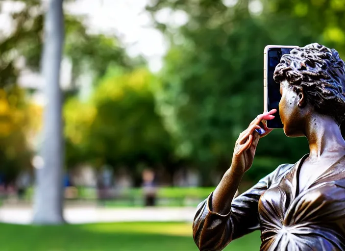 Image similar to photo still of a bronze statue of a woman using an iphone to take a selfie in a park on a bright sunny day, 8 k 8 5 mm f 1 6