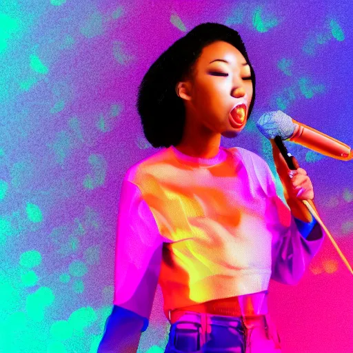 Image similar to beautiful blasian woman holding microphone and yelling, hip hop vaporwave, abstract background, neon, photo, detailed, 4k