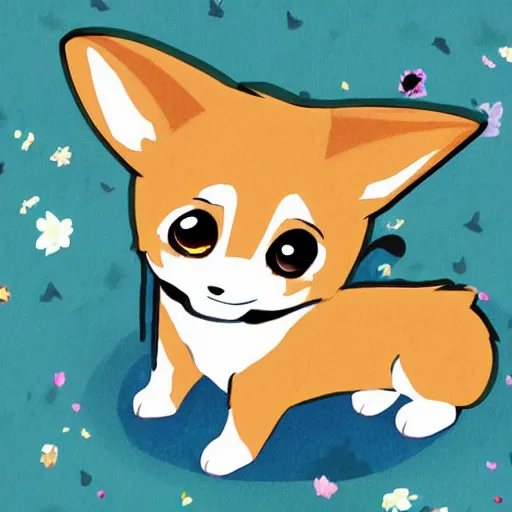 Prompt: anime corgi, sparkling petals, cute, happy