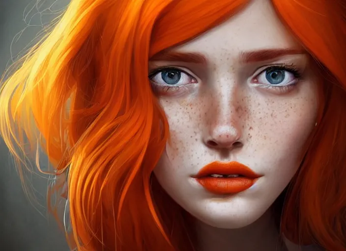 Prompt: portrait Girl with orange hair and freckles, cute-fine-face, pretty face, realistic shaded Perfect face, fine details. realistic shaded lighting by Daniela Uhlig