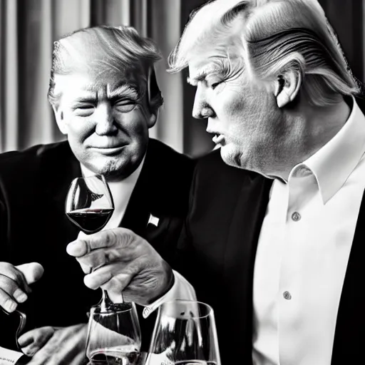 Prompt: a close up portrait of Donald Trump and Joe Biden drinking wine, there's a bottle of wine on the table, DSLR photography, studio photograph