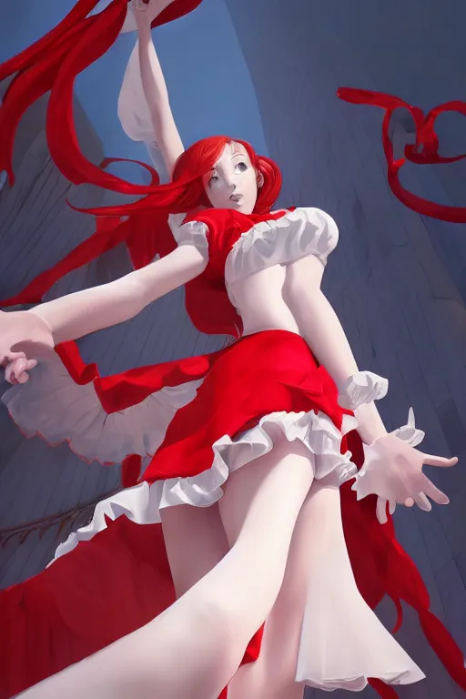 Prompt: the beautiful white frilled red dress girl standing in the hyper big and tall tower, looking at the camera, seductive pose, low angle, highly detailed, digital painting, artstation, concept art, smooth, sharp focus, illustration, Unreal Engine 5, 8K, art by Hiroaki Samura and Jiro Matsumoto