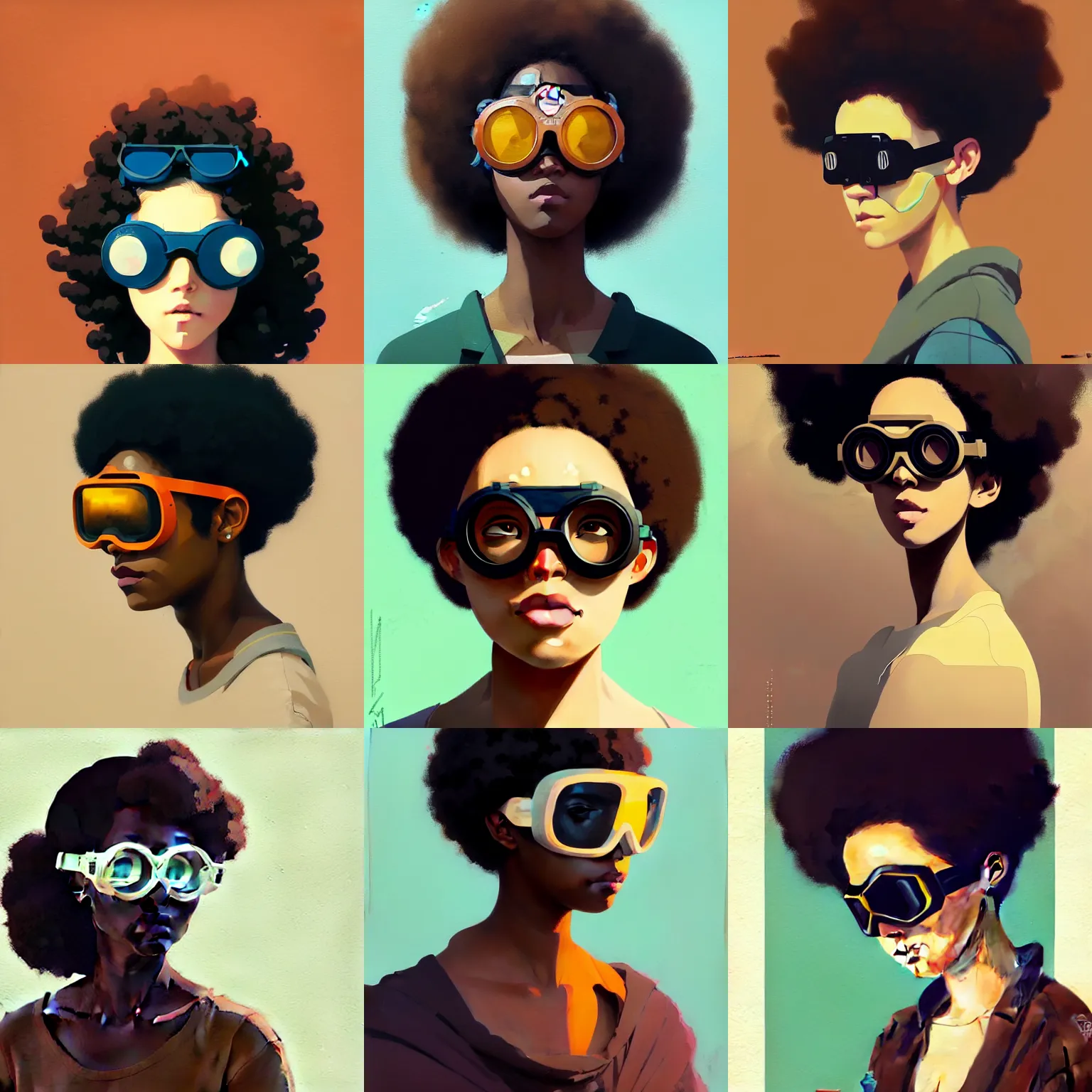 Image similar to Beautiful woman wearing goggles profile picture by Greg Rutkowski, brown skin, afro hair, asymmetrical, studio ghibli, Organic Painting , Matte Painting, geometric shapes, hard edges, street art, trending on the artstation, realistic by Sachin Teng,