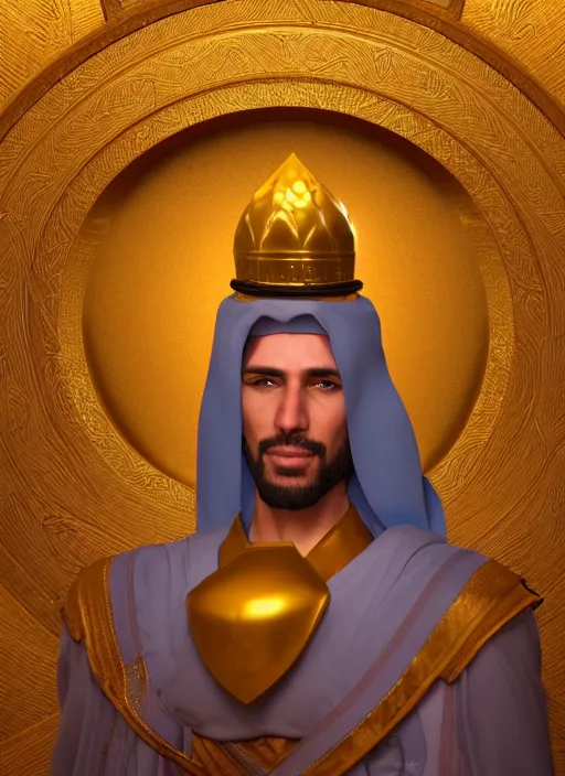 Image similar to portrait of sheikh ruler of dubai, djinn, head and torso only, cinematic lighting, studio quality, smooth render, unreal engine 5 rendered, octane rendered, art style by klimt and nixeu and ian sprigger and wlop and krenz cushart.