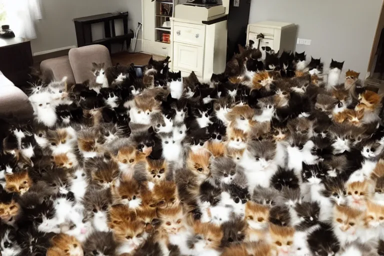 Prompt: a living room full of cute kittens that are all sitting and all of the kittens are facing directly at the camera and all of the cats are looking directly into the camera