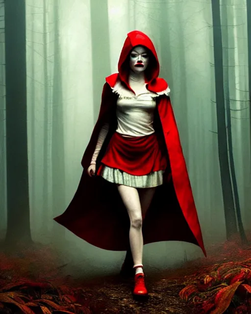 Prompt: hyperrealistic mixed media painting of Emma Stone as little red riding hood, dark foggy forest background, stunning 3d render inspired art by P. Craig Russell and Barry Windsor-Smith + perfect facial symmetry + dim volumetric lighting, 8k octane beautifully detailed render, post-processing, extremely hyperdetailed, intricate, epic composition, grim yet sparkling atmosphere, cinematic lighting + masterpiece, trending on artstation, very very detailed, masterpiece, stunning