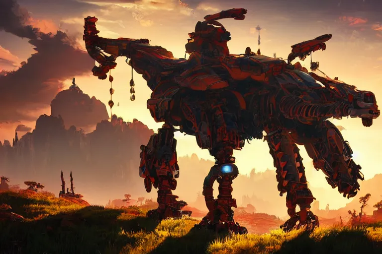 Image similar to scorcher machine mecanical creature robot of horizon forbidden west horizon zero dawn radiating a glowing aura global illumination ray tracing hdr fanart arstation by ian pesty and alena aenami artworks in 4 k