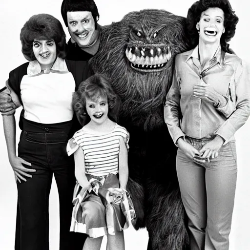 Image similar to vintage 1 9 8 0's sitcom publicity photo, a happy photogenic family and a large giant evil demonic horrifying angry detailed monstrous demon creature inside a 1 9 8 0's sitcom living room