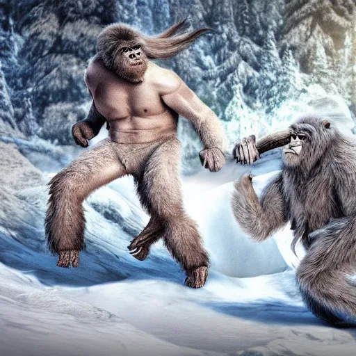 Prompt: a high detailed realistic photo of a yeti and sasquatch fighting