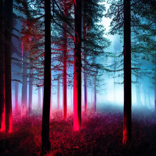 Prompt: dark forest night lights dim red volumetric rendering rave