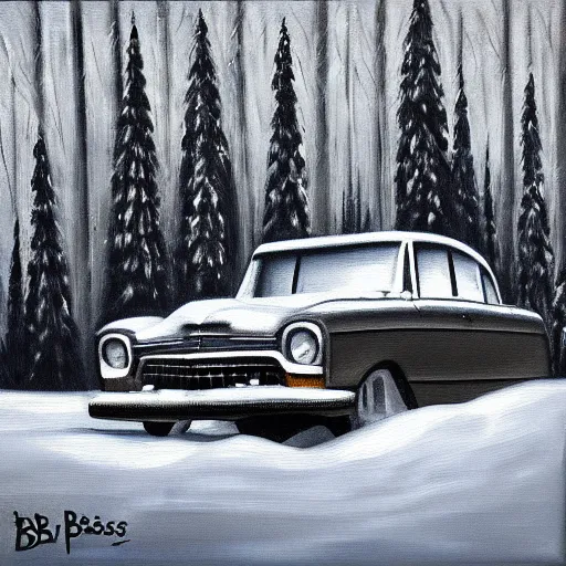 Image similar to rusty ford bel air in winter forest, grey scale, oil painting by Bob Ross