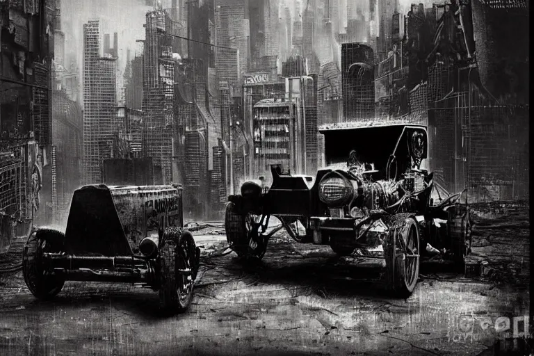 Image similar to cyberpunk 1 9 0 8 model ford t by paul lehr, jesper ejsing, metropolis, parked by view over city, vintage film photo, robotic, damaged photo, scratched photo, silent movie, black and white photo